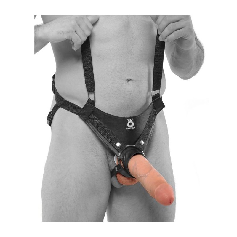 STRAP-ON CON DILDO HUECO 25.5 CM Y TIRANTES COLOR CARNE