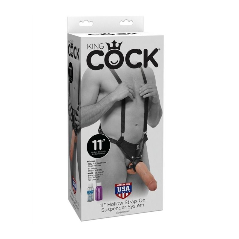 STRAP-ON CON DILDO HUECO 28 CM Y TIRANTES COLOR CARNE