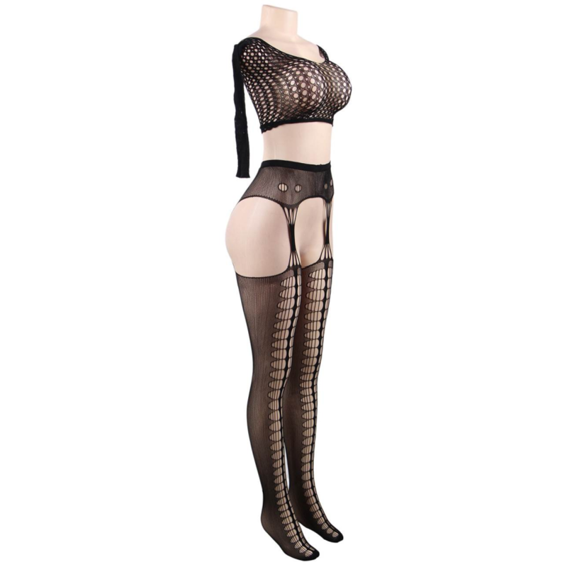 QUEEN LINGERIE BODYSTOCKING TOP MANGA LARGA S-L