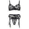 SUBBLIME - SET DE 3 PIEZAS SUJETADOR + TANGA + LIGA ESTAMPADO FLORAL NEGRO S/M