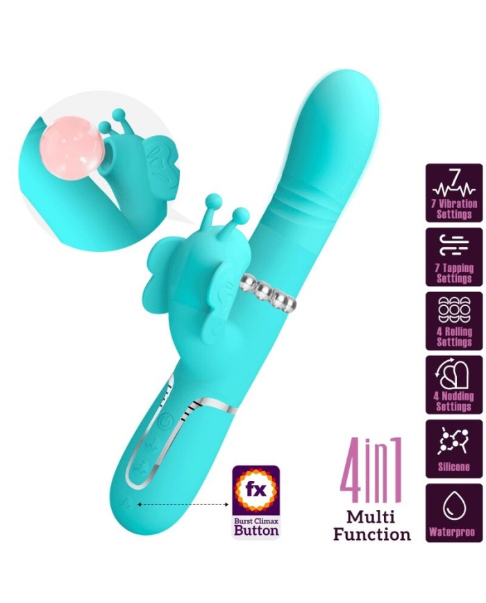 PRETTY LOVE - VIBRADOR RABBIT MULTIFUNCIÓN 4 EN 1 MARIPOSA VERDE AGUA